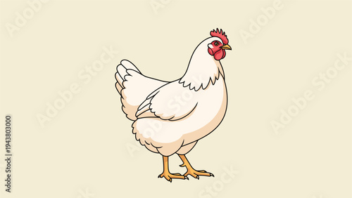 Realistic illustration of a white hen with a red comb and wattle stands on a simple cream-colored background.