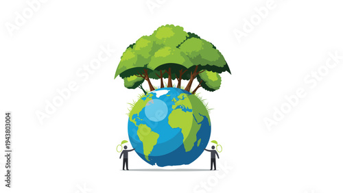 Two people figures help support a large earth globe that has lush green trees growing from its northern hemisphere.