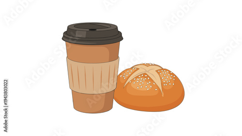 Daily breakfast combo features a takeaway coffee in a brown paper cup and a fresh, crusty kaiser bread roll.