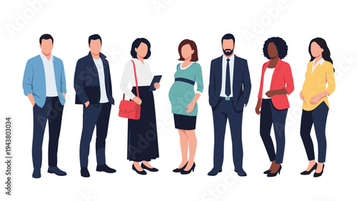 Line of diverse business professionals includes men in suits and pregnant women in smart casual and professional attire.