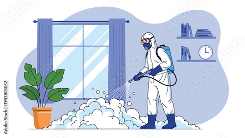 Specialist in a full white hazmat suit and mask uses a sprayer to disinfect a residential room with cleaning foam.