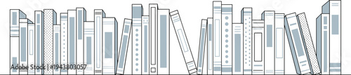 Minimal bookshelf illustration with assorted books arranged in a row, clean modern line art design for education, library, and reading concepts