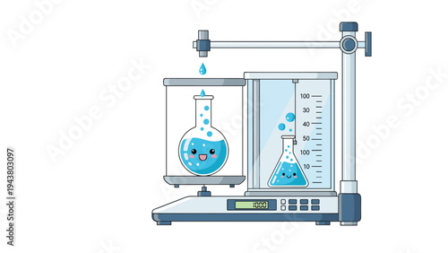 Pair of cute beakers with smiling faces and blue liquid sit on a digital laboratory scale in a science theme.