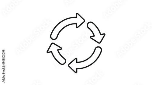 Four arrows forming a continuous circular pattern, symbolizing refresh, recycle, renewal, and efficient ongoing processes.