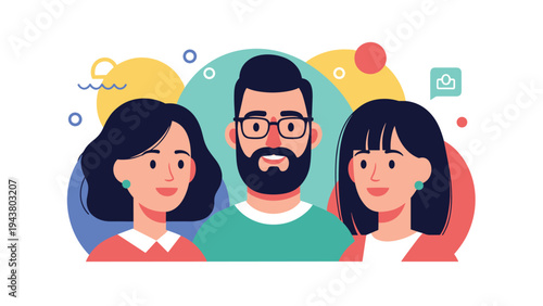 Colorful illustration of a diverse group of three friends or family members smiling together against a geometric background.