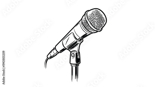 Detailed black and white hand-drawn sketch of a professional microphone mounted on a stand for music or broadcasting.