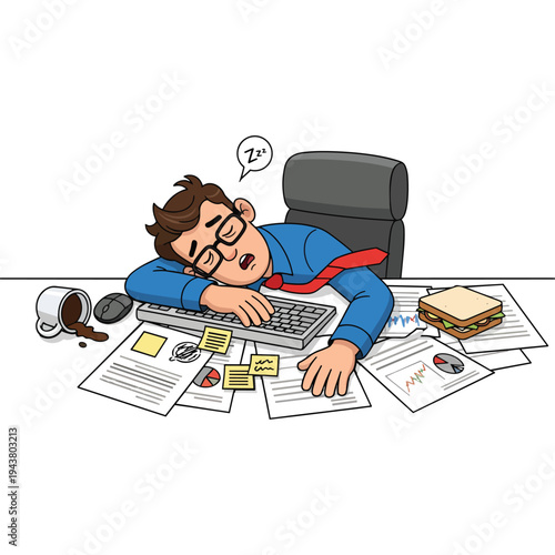 Tired businessman sleeping at office desk.