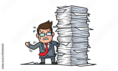 Overwhelmed businessman with large paper stack.