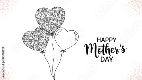 Happy Mother's Day greeting card featuring three heart shaped balloons with intricate patterns on a soft pink background.