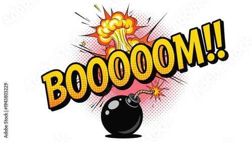 Vibrant comic book style explosion with the word boom in bold letters above a black spherical bomb with a lit fuse.