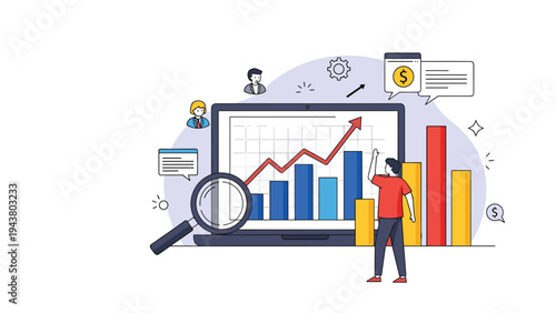 Small business professional looking at a large laptop screen showing rising financial charts and data visualizations.