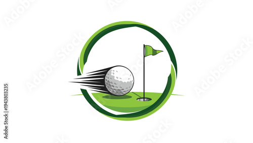 Dynamic golf ball flying with speed lines towards a hole with a green flag on a circular green background.