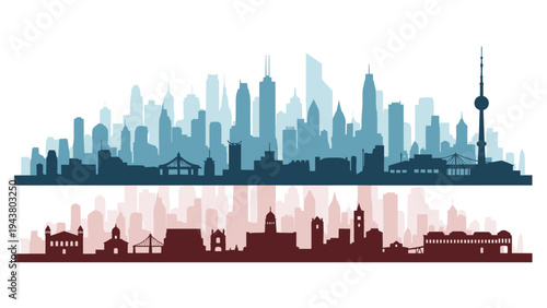 Comparison of two distinct city skyline silhouettes featuring modern skyscrapers in blue and historical buildings in red.