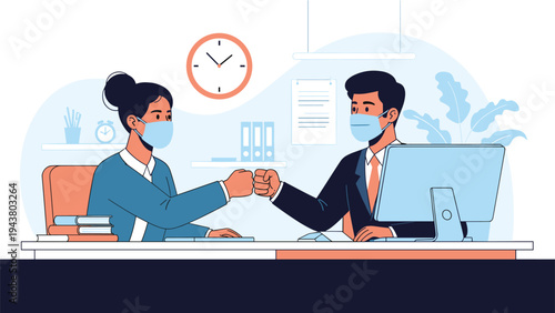 Professional man and woman in office attire doing a fist bump while wearing blue surgical masks for health safety.