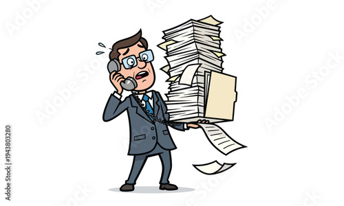 Overwhelmed businessman with paperwork and phone.