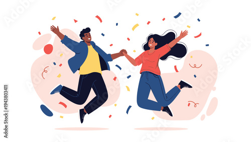 Happy young couple jumping for joy amidst colorful falling confetti celebrating an achievement or a special festive occasion together outdoors.