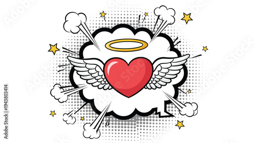 Pop art style winged heart with a golden halo and star accents on a halftone background representing heavenly love and romance in celebration.