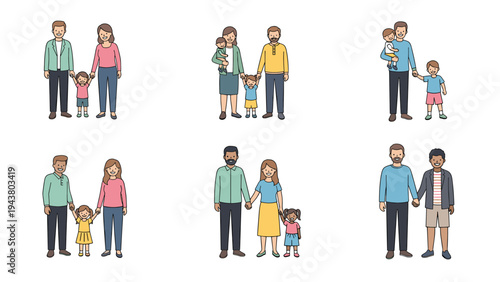 Diverse collection of family units including parents and children in different configurations representing love and domestic life illustrations.