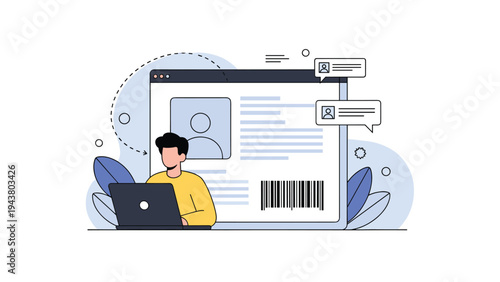 Male user working on a laptop computer with a large digital profile display and chat bubbles symbolizing online identity and networking online.