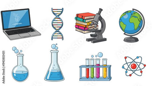 Educational science kit featuring a laptop, DNA model, stacked books, microscope, world globe, and colorful laboratory glassware set graphics.