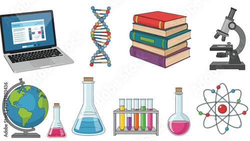 Set of science and education icons including a laptop, DNA helix, books, microscope, globe, and chemical test tubes for learning themes graphic.