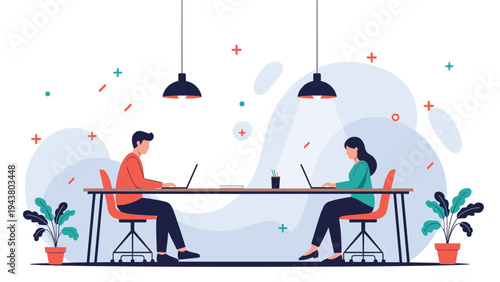 Two young professionals working on their laptops at a long shared table in a modern co-working office space with artistic background designs.