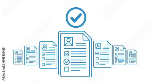Abstract illustration showing a row of documents and a central checklist with a blue checkmark.