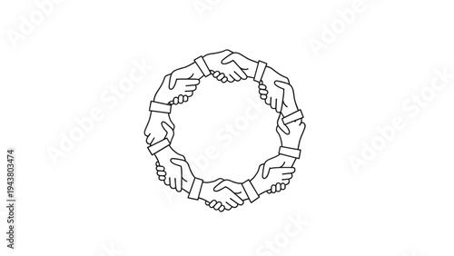 Multiple hands shaking in a circular formation, symbolizing global partnership, teamwork, community, and strong networks.