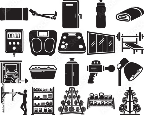 Black silhouette icons depicting gym equipment fitness tools and sauna elements