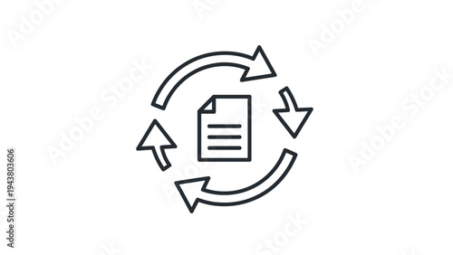 Document icon surrounded by circular arrows, symbolizing a continuous document workflow, refresh, update, and process cycle.