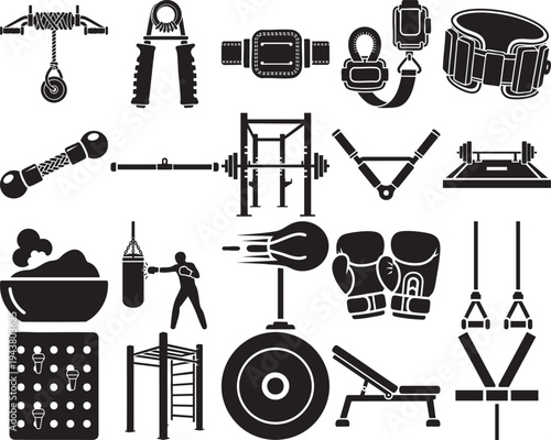 Black silhouette icons depicting various fitness equipment and exercise tools