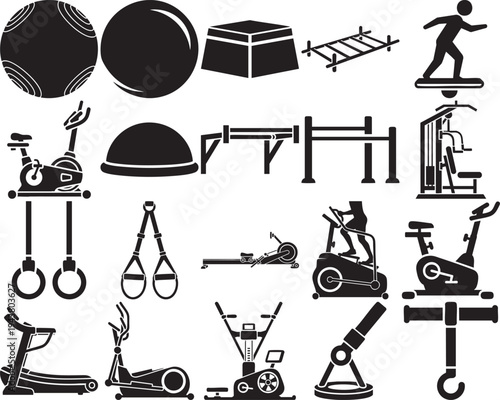 Collection of black silhouette icons depicting various fitness and exercise equipment