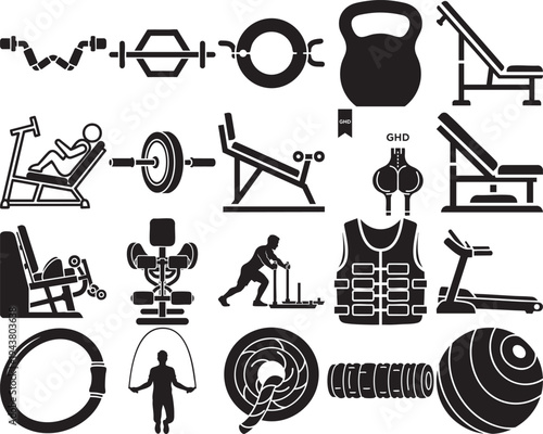 Black silhouettes depicting various gym equipment and exercise activities high quality