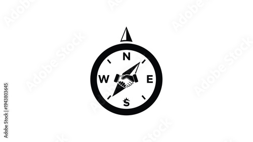 Compass with a central handshake and dollar sign, symbolizing global business direction, financial partnership, and commercial strategy.