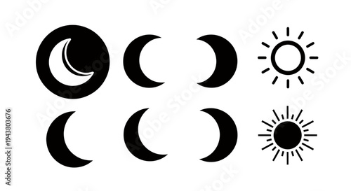 Moon Phases and Sun Icons Collection for Celestial Illustration and Design.