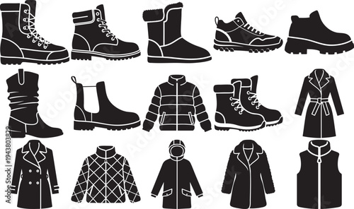 Black and white silhouettes of winter clothing and footwear collection