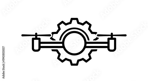 Abstract icon featuring a drone with mechanical gear elements and propellers.