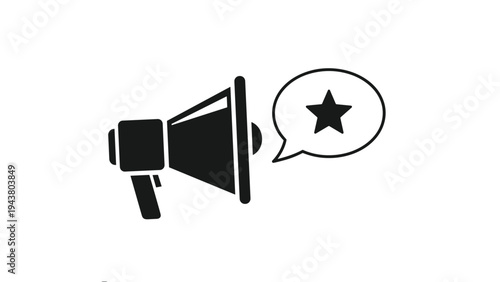 Megaphone with a speech bubble containing a star, symbolizing important announcements, marketing highlights, and positive feedback.