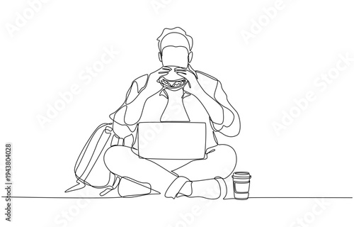Continuous one line drawing of young male student eating with laptop on his lap, student life concept, single line art
