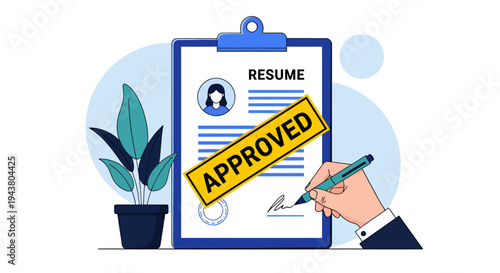 Resume Approval Illustration Showcasing a Credentialed Candidate with a Stamp on a Clipboard.