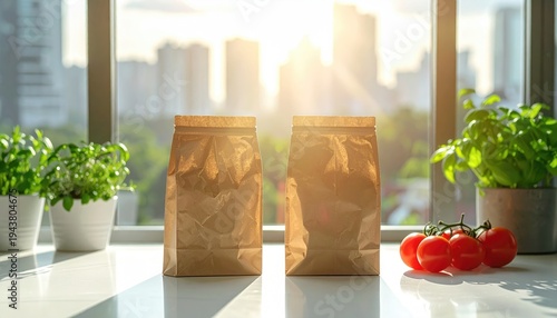 Two brown paper bags with fresh herbs and tomatoes by the window at sunset.