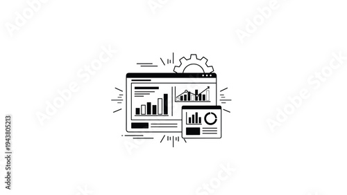 Multiple browser windows displaying charts and graphs with a gear icon, symbolizing data analytics and system optimization.