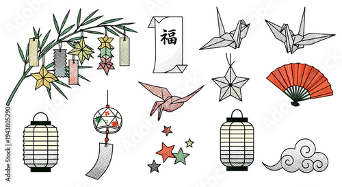 Japanese cultural elements including origami cranes lanterns lucky charms and wind