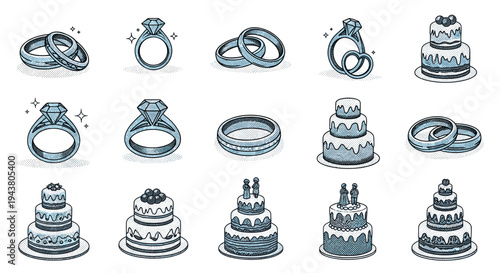 Engraved wedding rings and tiered celebration cakes collection hand drawn style