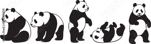 Five black and white panda silhouettes in various poses pandas animals wildlife