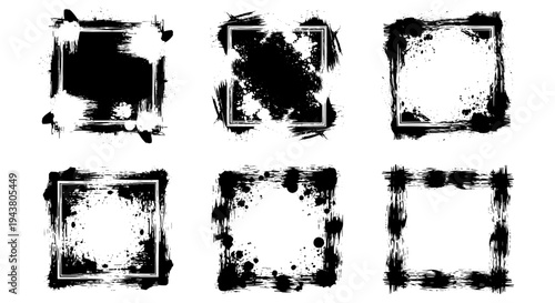 Set of six abstract grunge square frames with ink splatter and brush stroke