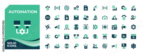 Automation colorful solid icon set. Contains filled symbols like technology, ai, innovation, development, optimization, automation. Flat web icons. Technology icon collection. Editable vector art.