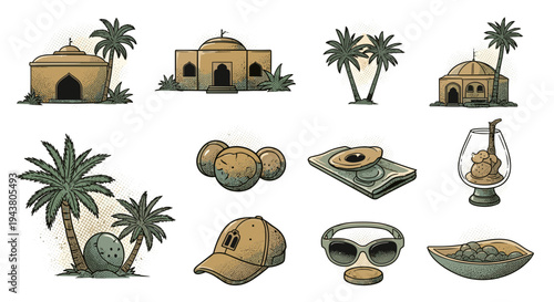 Desert oasis elements traditional buildings palm trees dates and sunglasses