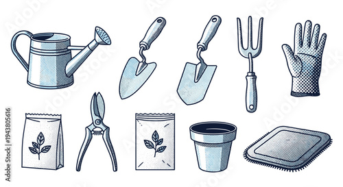 Gardening tools collection watering can trowels fork gloves secateurs pots seeds