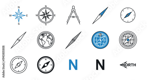 Collection of navigation tools and symbols including compasses a sextant